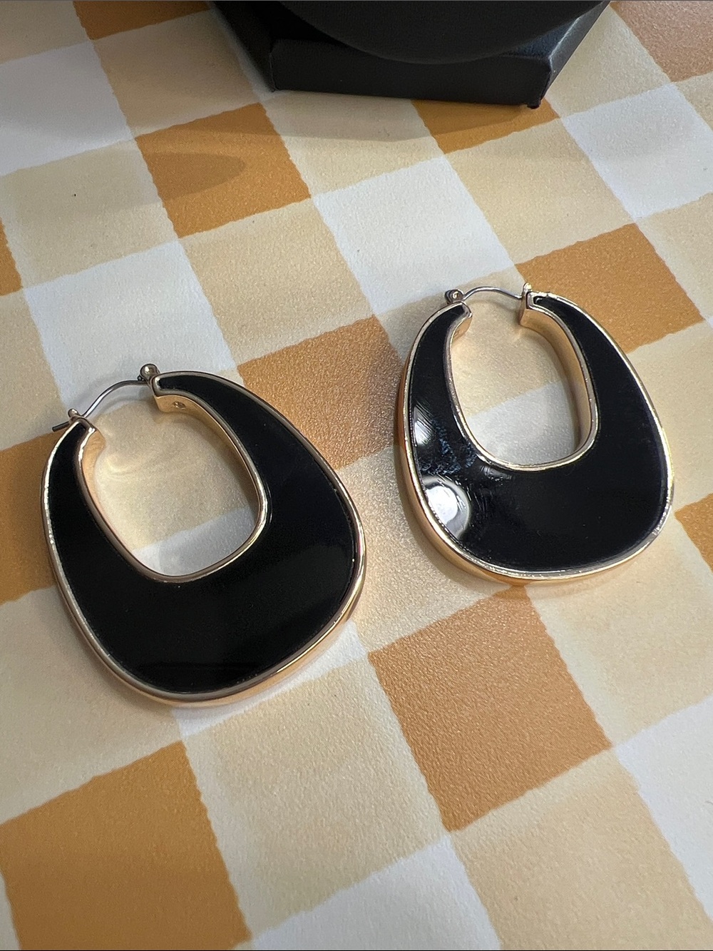 Black Enamel Hoop Earrings with Gold Trim